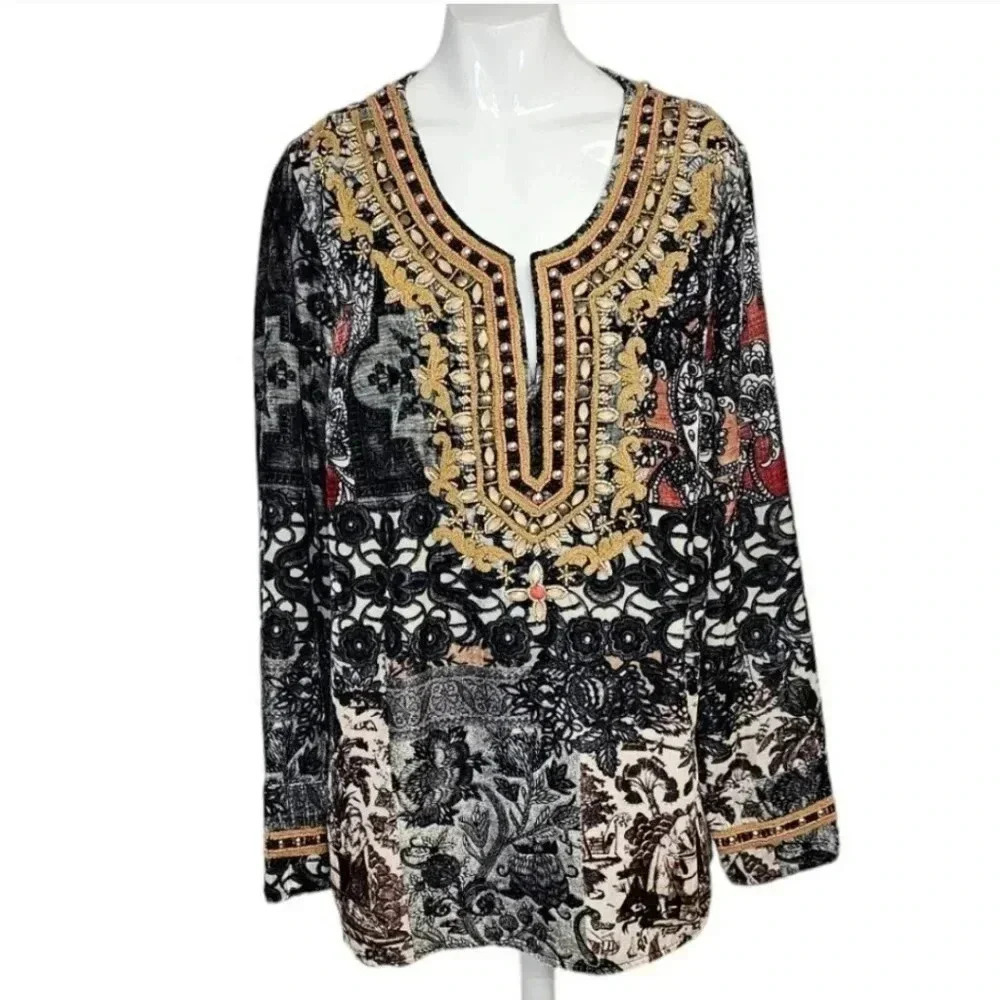 Soft Surroundings Womens Boho Velvet Floral Patchwork Beaded Embellished Top